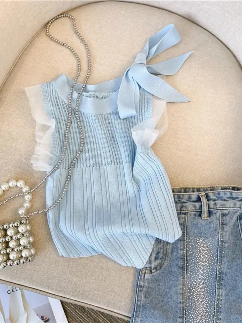 Light Blue Ribbed Bow Shoulder Knit Tank Top
